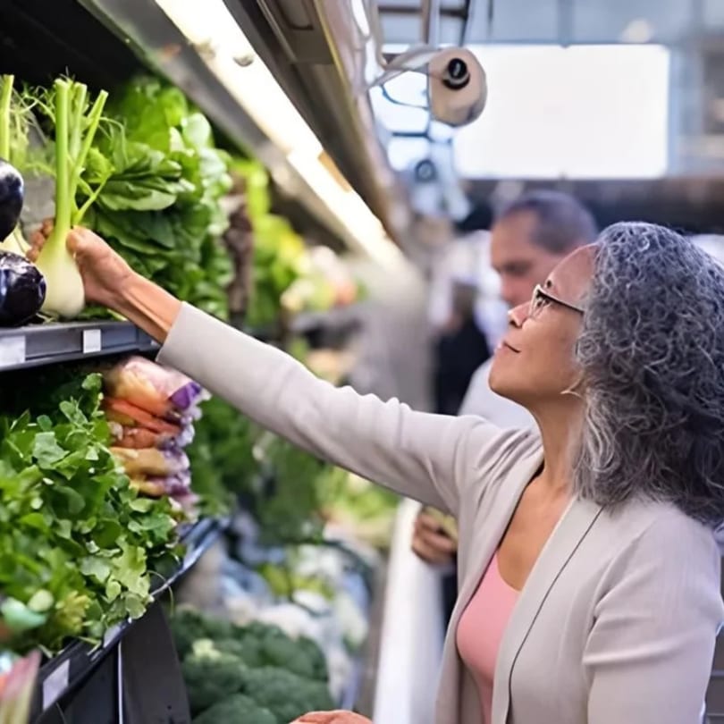 Woman with gray hair and glasses reaching for vegetables in a brightly lit grocery store aisle.