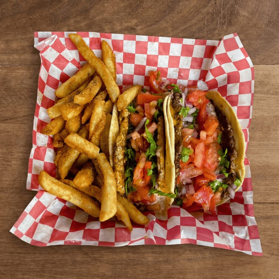 Two tacos with ground beef, lettuce, tomato, and onion, served with seasoned fries on checkered paper.