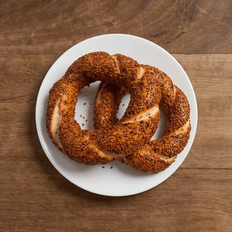 A golden-brown, sesame-covered simit, a Turkish bagel, on a white plate atop a wooden table.