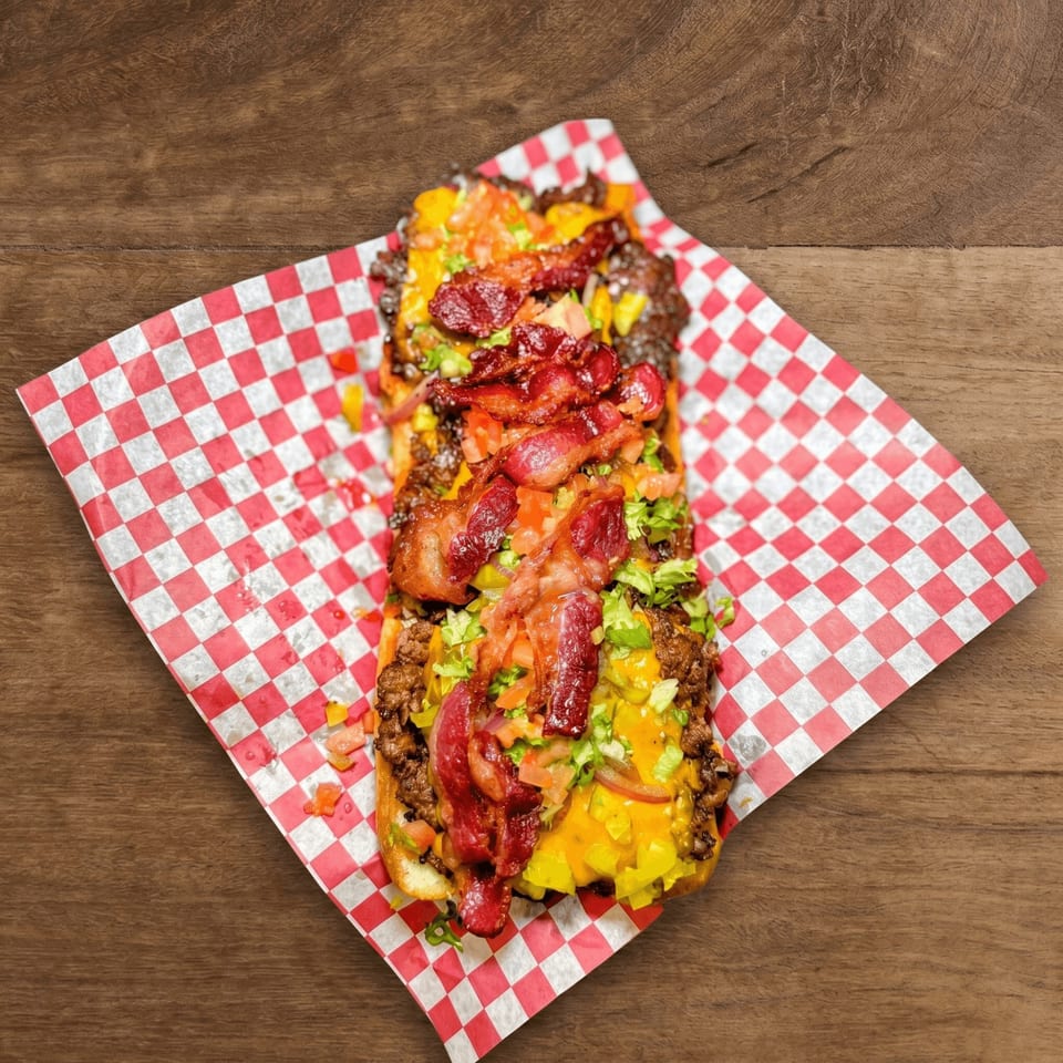 Loaded hot dog with bacon, cheese, and vegetables on red and white checkered paper.