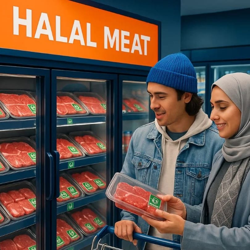 A couple smiles while holding a package of halal meat in front of a refrigerated display.