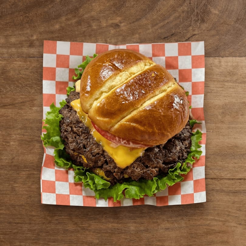 Top-down view of a cheeseburger with lettuce, tomato, and sauce on checkered paper.
