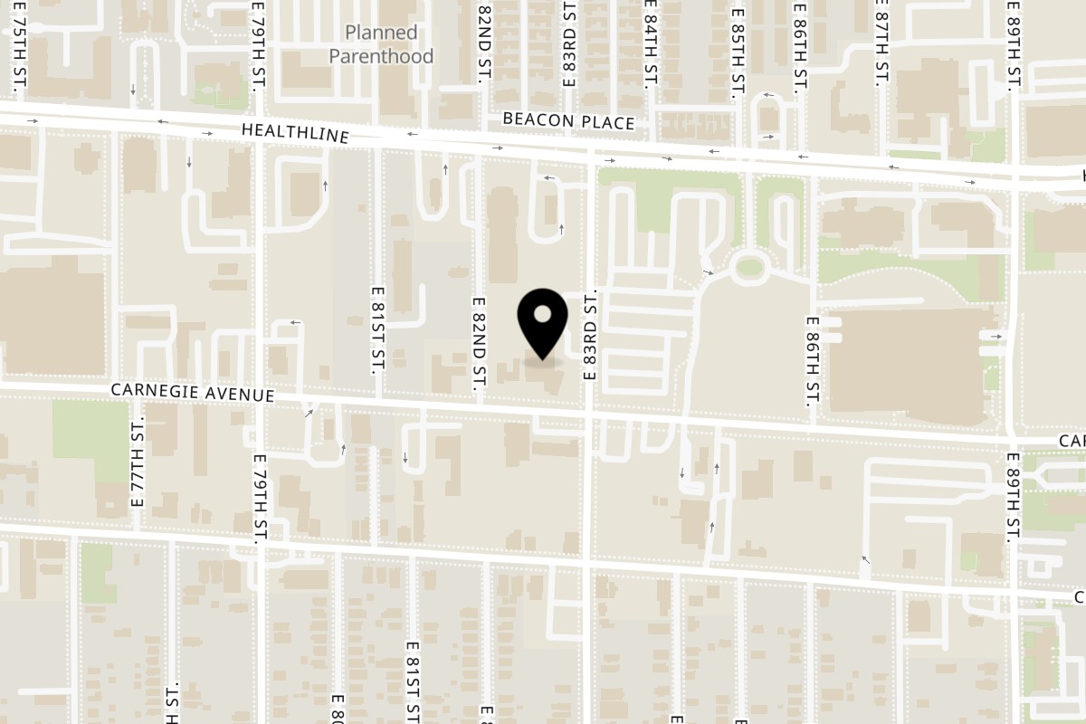 Map showing the location of CleaveLand Grill Midtown on 8225 Carnegie Ave in Cleveland